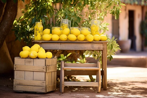 Foto stand de limonada con una bicicleta retro y cajas de limones