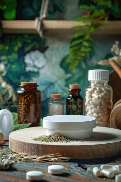 Foto stand de medicina herbal maqueta de podio vacío en la mesa para suplementos medicina alternativa homeopatía tratamiento a base de hierbas productos naturales con banner y espacio de copia para publicidad y promoción