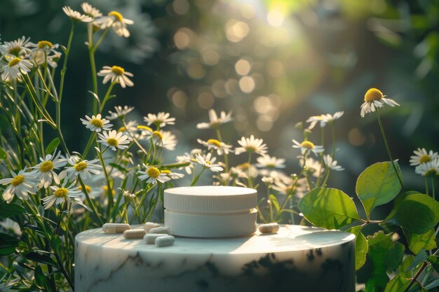 Stand de medicina herbal maqueta de podio vacío en la mesa para suplementos medicina alternativa homeopatía tratamiento a base de hierbas productos naturales con banner y espacio de copia para publicidad y promoción