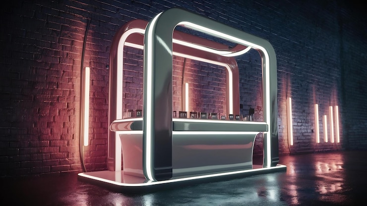 Foto stand de productos en blanco con luces de neón en el fondo de la pared de ladrillo renderización 3d