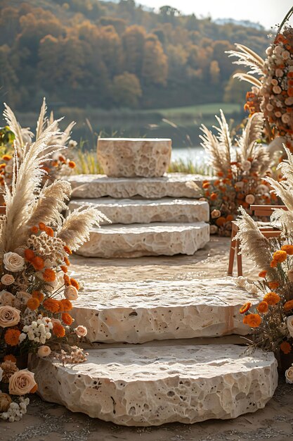 Foto stand de productos de piedra caliza con bordes cincelados y acabado natural