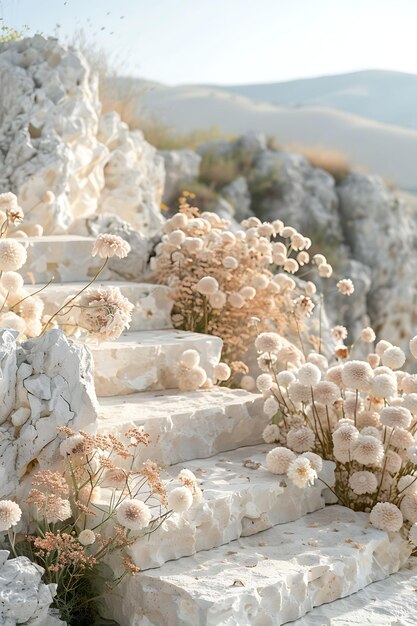 Foto stand de productos de piedra caliza con bordes cincelados y acabado natural