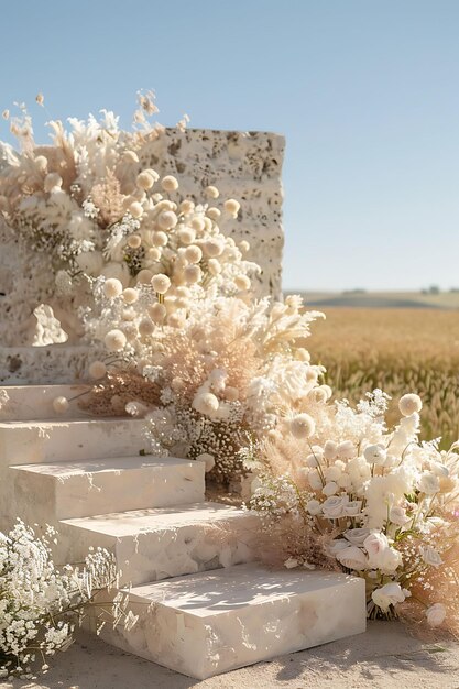 Foto stand de productos de piedra caliza con bordes cincelados y acabado natural