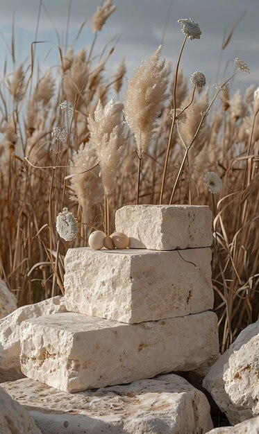 Foto stand de productos de piedra caliza con bordes cincelados y acabado natural