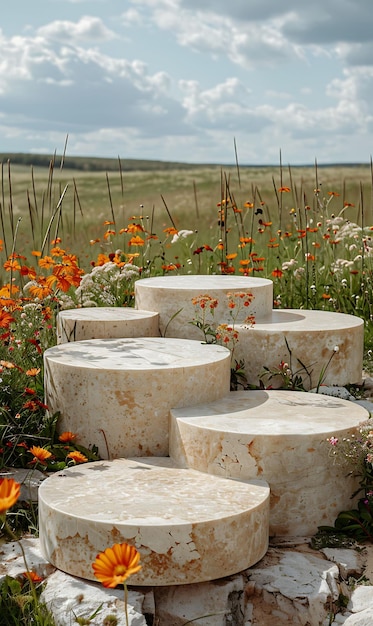 Stand de productos de travertino con bordes caídos y acabado natural Fou Concept de paisaje