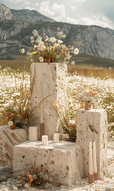 Foto stand de productos de travertino con bordes perforados y acabado natural cuatro concepto de paisaje