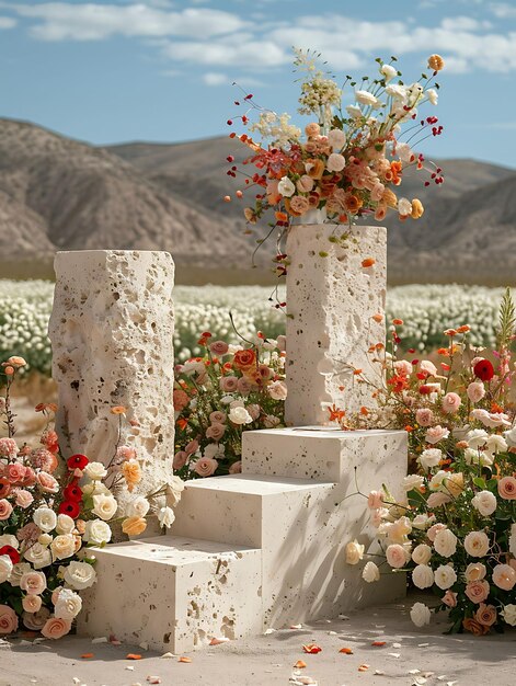 Foto stand de productos de travertino con bordes perforados y acabado natural cuatro concepto de paisaje