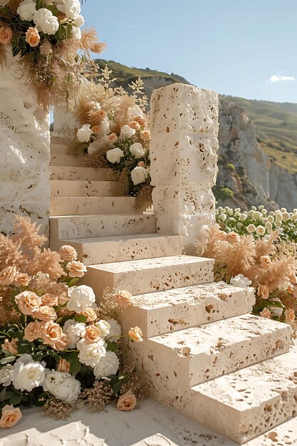 Foto stand de productos de travertino con bordes perforados y acabado natural cuatro concepto de paisaje