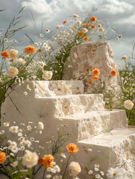 Stand de productos de travertino con bordes perforados y acabado natural Cuatro concepto de paisaje