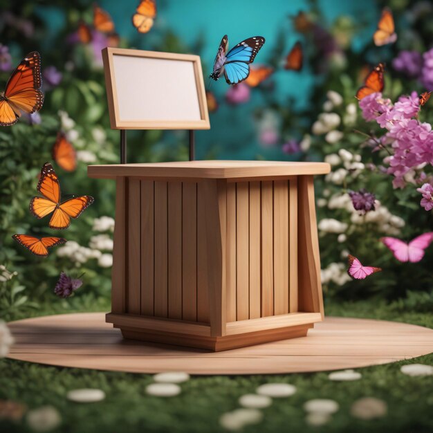 Stand de publicidad de productos cosméticos exposición podio de madera sobre fondo de jardín de mariposas voladoras