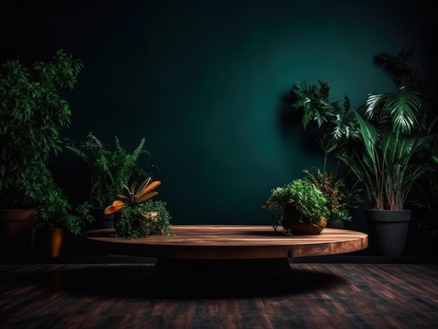 Stand de publicidad de productos cosméticos exposición podio de madera sobre fondo verde con hojas y sha