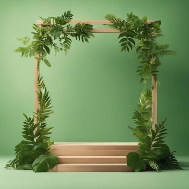 stand de publicidad de productos cosméticos exposición podio de madera sobre fondo verde con hojas