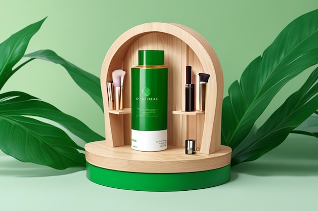 Foto stand de publicidad de productos cosméticos podium de madera de exposición sobre un fondo verde con hojas