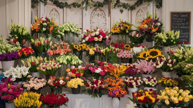 Stand de la tienda de flores con muchas variedades de flores