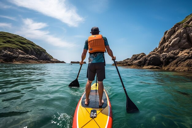 Stand-up-Paddleboarder gleitet entlang der Küste