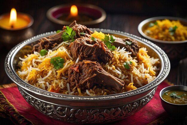 Foto standard-authentische indische mutterbiryani-mahlzeit