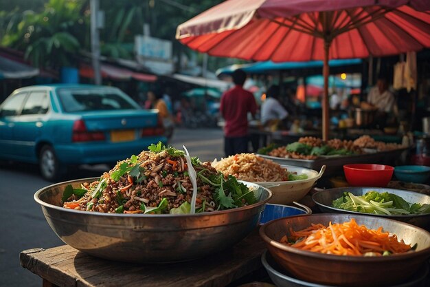 Foto standard-larb mit thailändischer straßen-lebensmittelverkäufer-einstellung