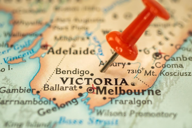 Standort Victoria State in Australien Karte mit Push-Pin-Closeup-Reise- und Reisekonzept