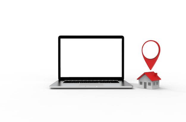 Standortsymbol und Haus setzen auf modernen Laptop isoliert auf weißem Hintergrund 3D-Illustration
