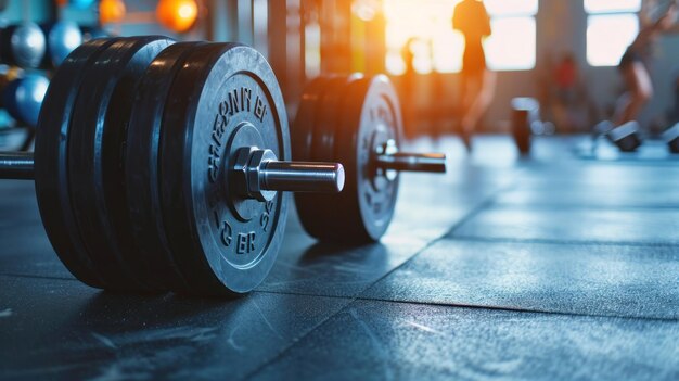 Stangen auf dem Boden im Fitnessraum, leichte Leute auf dem verschwommenen Hintergrund, generative KI.