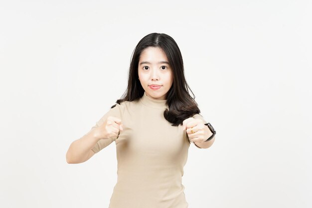 Stanzen der Faust zum Kampf der schönen asiatischen Frau, Isolated On White Background