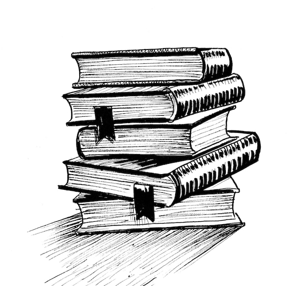Stapel alter Bücher. Tinte Schwarz-Weiß-Zeichnung