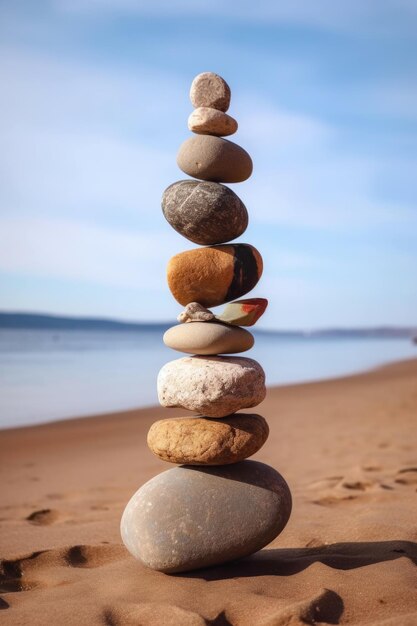 Stapel aus ausgewogenen Steinen an einem Strand, erstellt mit generativer KI