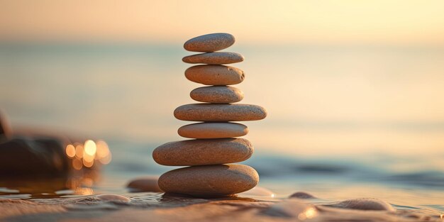 Stapel aus gleichgewichtigen Kieselsteinen am Sand- und Wasserrand Zen-Symbol gegen verschwommenen Naturhintergrund