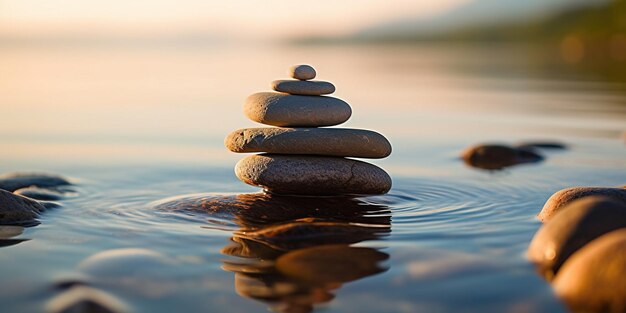 Foto stapel aus gleichgewichtigen kieselsteinen am sand- und wasserrand zen-symbol gegen verschwommenen naturhintergrund