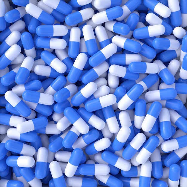 Stapel blau-weißer Pillenkapseln Medizin- und Apothekenkonzept 3D-Renderillustration