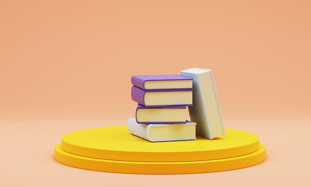 Stapel Bücher auf gelbem Sockel 3D-Rendering