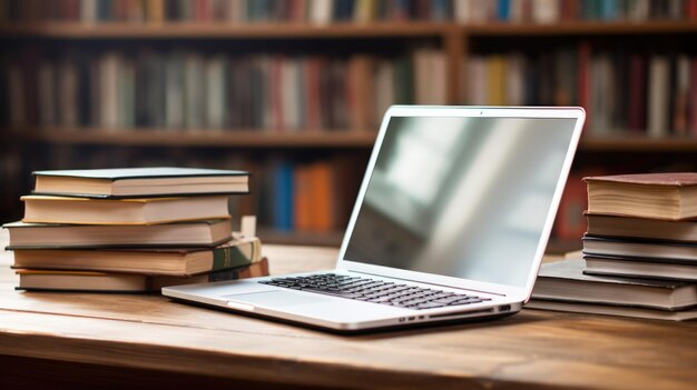 Foto stapel bücher mit einem laptop auf einem holztisch in der bibliothek generative ai