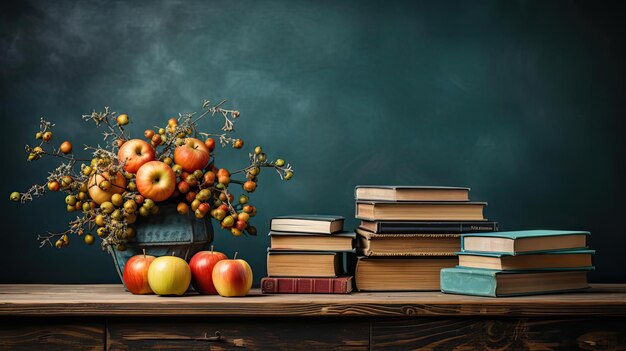 Stapel Bücher, Schreibwaren und Äpfel auf einem Holztisch mit minimalistischem Hintergrund