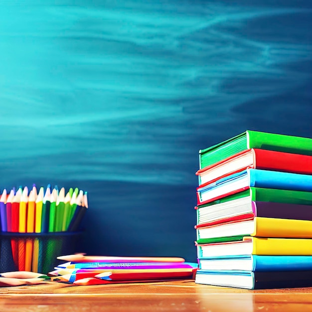 Stapel Bücher und Bleistifte auf dem Schultisch vor dem Hintergrund einer blauen Tafel