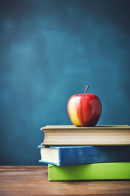 Stapel Bücher und roter Apfel auf dem Hintergrund der Tafel Zurück zur Schule Konzept