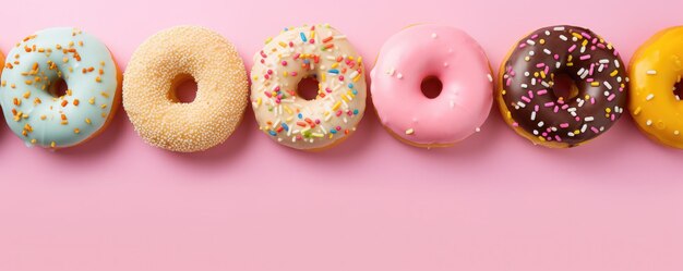 Stapel bunter Donuts dekoriert und ein Glas Milch auf rosa Hintergrund Generative KI