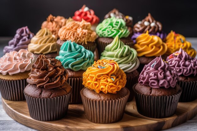 Stapel Cupcakes in verschiedenen Geschmacksrichtungen mit jeweils einem Topper, erstellt mit generativer KI