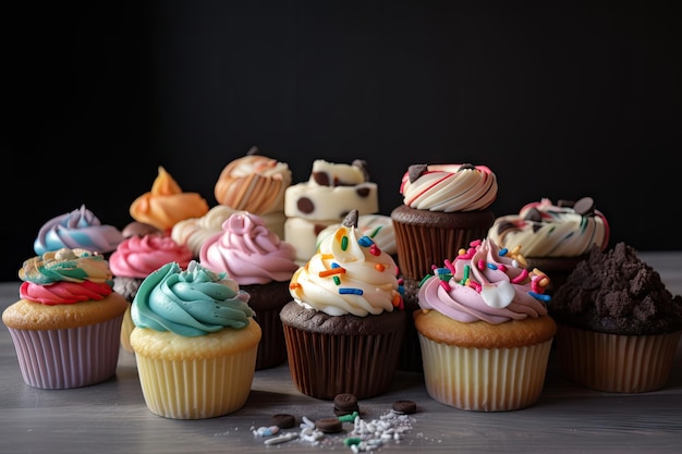 Stapel Cupcakes mit verschiedenen Geschmacksrichtungen und Glasuren, erstellt mit generativer KI