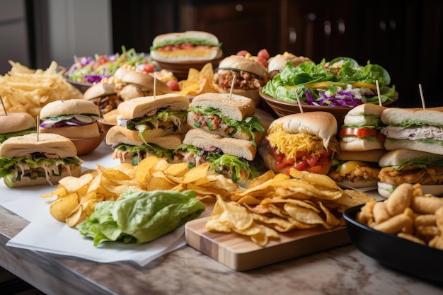 Stapel Deli-Sandwiches und Wraps mit verschiedenen Füllungen, Beilagensalaten und Pommes Frites