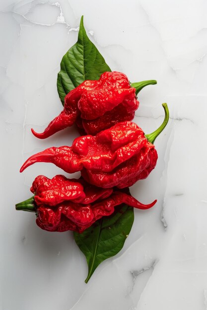 Stapel feuriger roter Carolina-Reaper-Pfeffer auf einem Blatt vor weißem Hintergrund