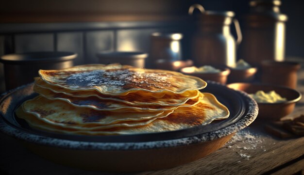 Stapel frischer Dessert-Pancakes mit Zuckerpulver und Honig, die von KI generiert wurden