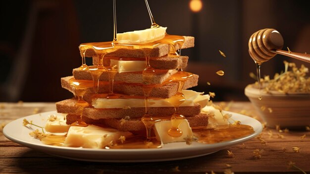 Stapel geschnittenes Brot mit Honig drizzling auf der Spitze Honig Dipper auf der Seite