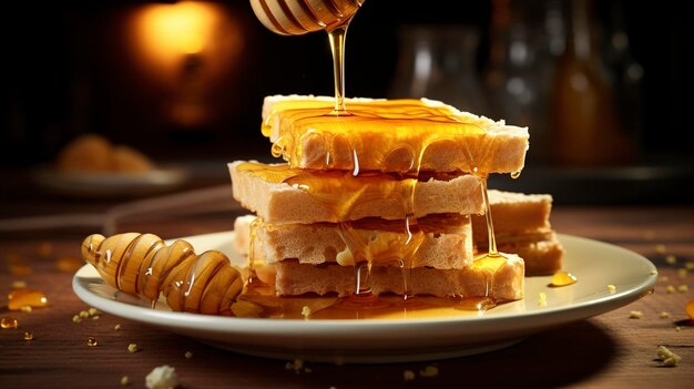 Stapel geschnittenes Brot mit Honig drizzling auf der Spitze Honig Dipper auf der Seite