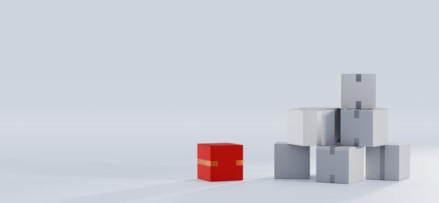 Stapel gestapelte versiegelte Kartons Quadratischer Karton geschlossen rote Geschenkbox graue Verpackung für die Lagerung Versand- oder Lieferpakete isoliert auf grauem Hintergrund Realistische Darstellung 3D-Rendering