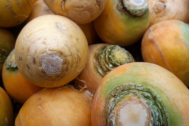 Stapel goldene Rübenkugeln auf einem Marktstand