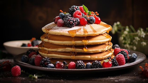 Stapel hausgemachter Pfannkuchen zum Frühstück mit Beeren