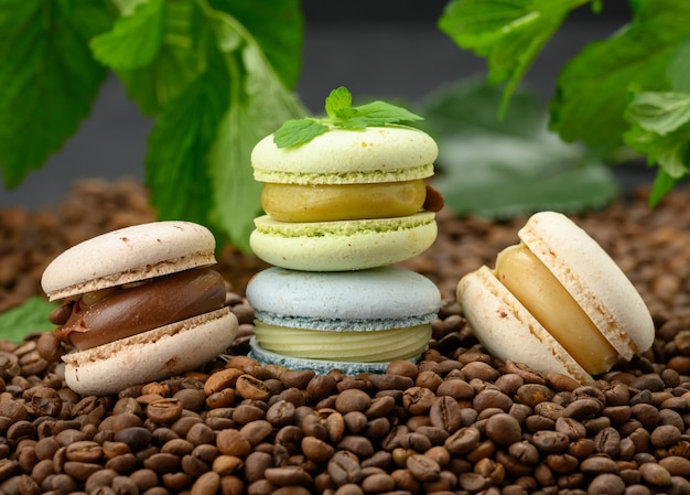 Stapel mehrfarbiger Macarons liegt auf gerösteten Kaffeebohnen, hinter grünen Minzzweigen, köstlichem und köstlichem Dessert