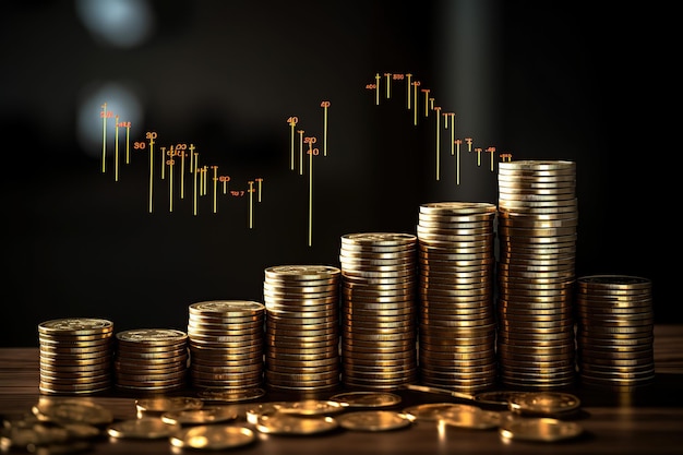 Stapel Münzen mit Handelsdiagramm auf schwarzem Hintergrund