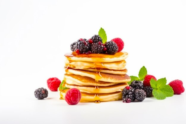 Stapel Pfannkuchen mit Himbeeren und Sirup auf weißem Hintergrund Generative KI