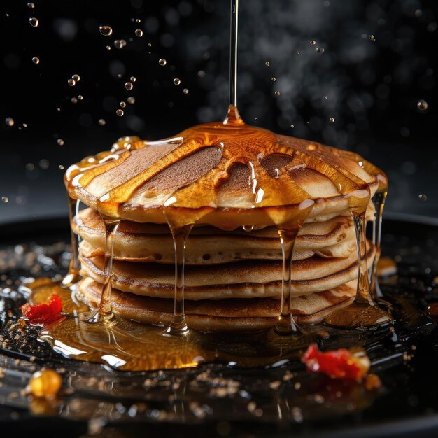 Stapel Pfannkuchen mit Sirup überzogen und mit Honig beträufelt